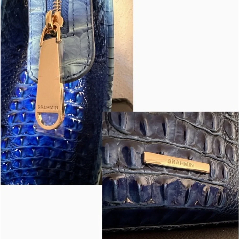 NWT BRAHMIN TIA ELECTRIC BLUE OMBRE MELBOURNE CROC-EMBOSSED LEATHER SATCHEL‎